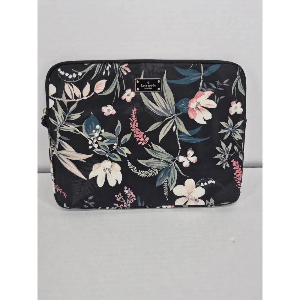 Kate Spade Black Floral Print Nylon Padded Laptop Sleeve Excellent